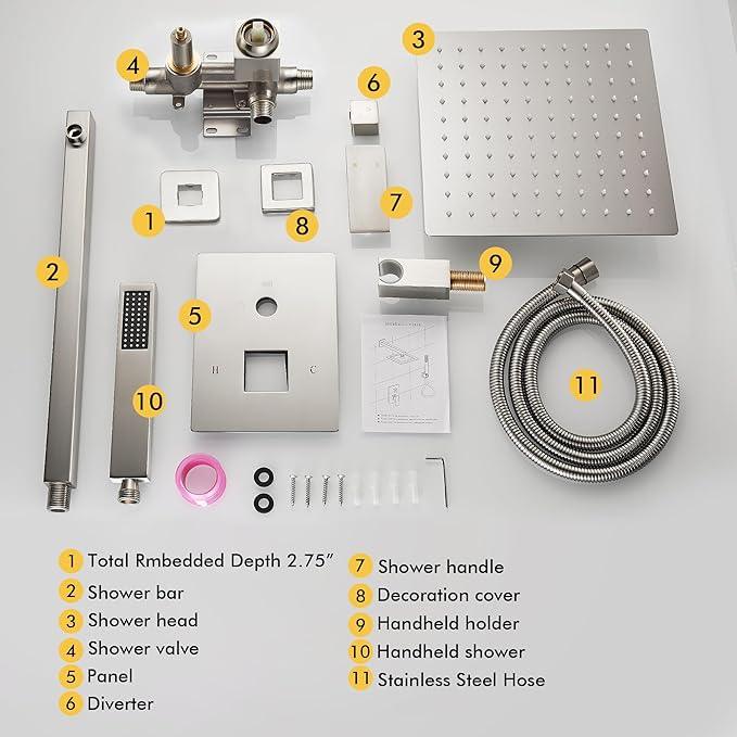 Fransiton Shower Faucet set with Shower head 12 Inches Rainfall Shower Head and Handle Set Single Handle Wall Mounted Shower System Set with Female Threads Valve Body(Brushed Nickel) - ModernBath