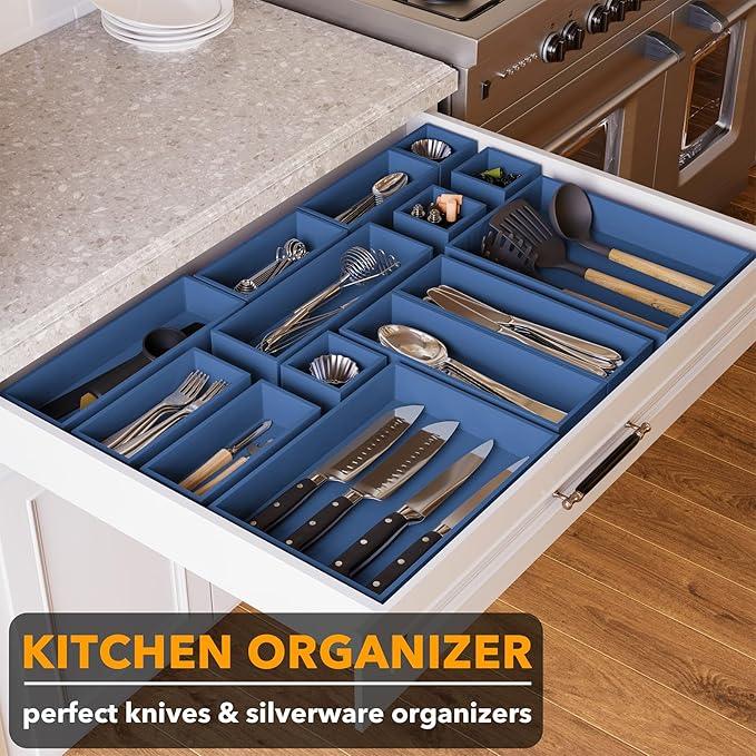 SpaceAid 14-Piece Bamboo Drawer Organizer Storage Boxes Set, Wood Tray Junk Drawer Organizers Multi-Use Divider Bins for Kitchen, Bathroom, Office Desk and Makeup Organization (14 Pack, Navy Blue) - ModernBath