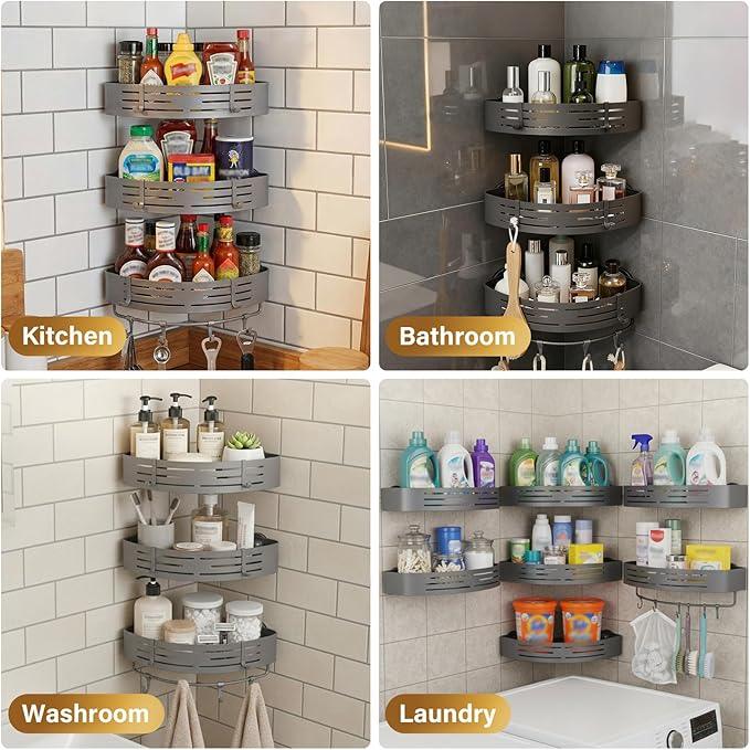 TIMBERHIDE 3-Tier No-Drill Storage Caddy with Hooks&Towel Bar,Organizing Solution for Bathroom,Shower&Kitchen,Holds Shampoos,Soaps,Sponges&Cleaners,Triangle - ModernBath