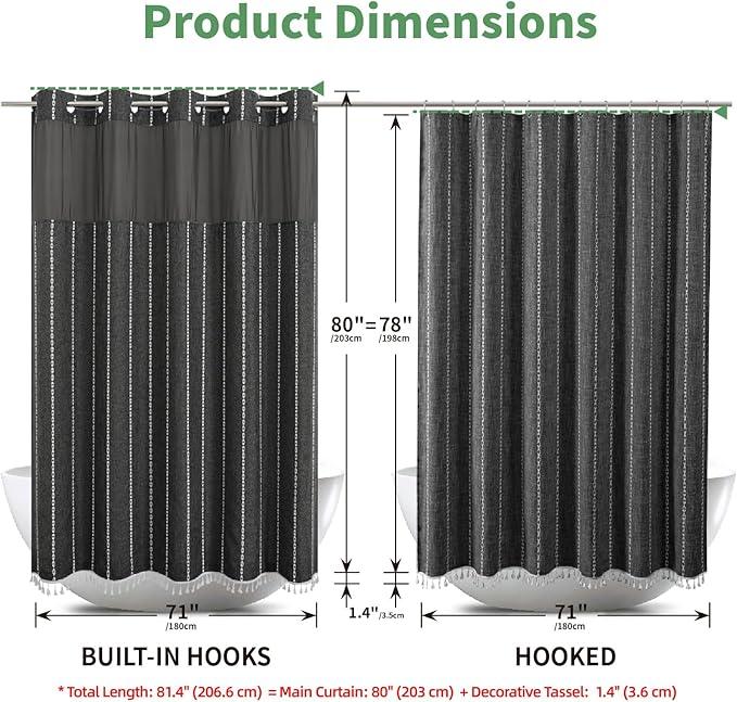 eachope No Hook Long Shower Curtain Set with Snap-in Fabric Liner,Linen Textured Thick Striped Fabric with Tassels,Boho Farmhouse Rustic Luxury Bathroom Curtain,Water-Repellent,Charcoal Grey,71x80 - ModernBath