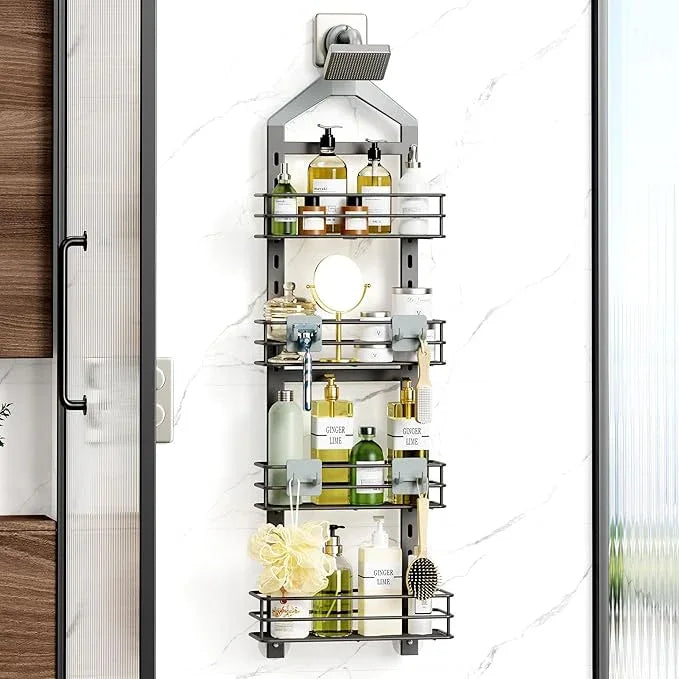 Orimade 4 Tier Adjustable Anti-slip Shower Caddy over Shower Head,Rustproof Bathroom Hanging shower Organizer with 4 Hooks for Razor,No Drilling Shower shelves Storage Rack,Grey - ModernBath