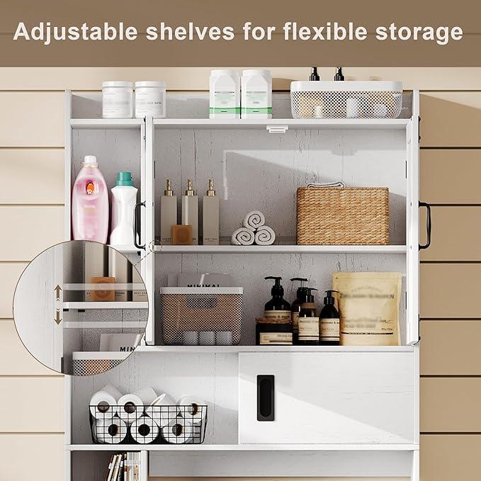 ChooChoo Over The Toilet Storage Cabinet, Farmhouse Bathroom Shelf Over Toilet with Adjustable Shelves, Above Toilet Storage Cabinet with Sliding Door for Bathroom, Laundry Room, Antique White - ModernBath