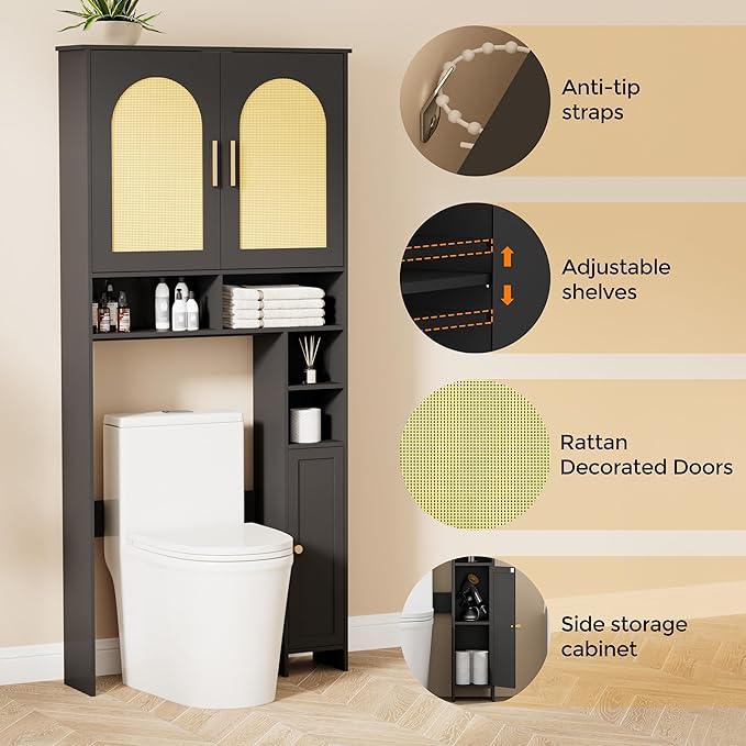 Homhedy 67" H Over The Toilet Storage Cabinet, Boho Bathroom Organizer with Rattan Decorated Doors, Adjustable Shelves, Toilet Paper Holder, Space-Saving Bathroom Shelf, Natural and Black - ModernBath