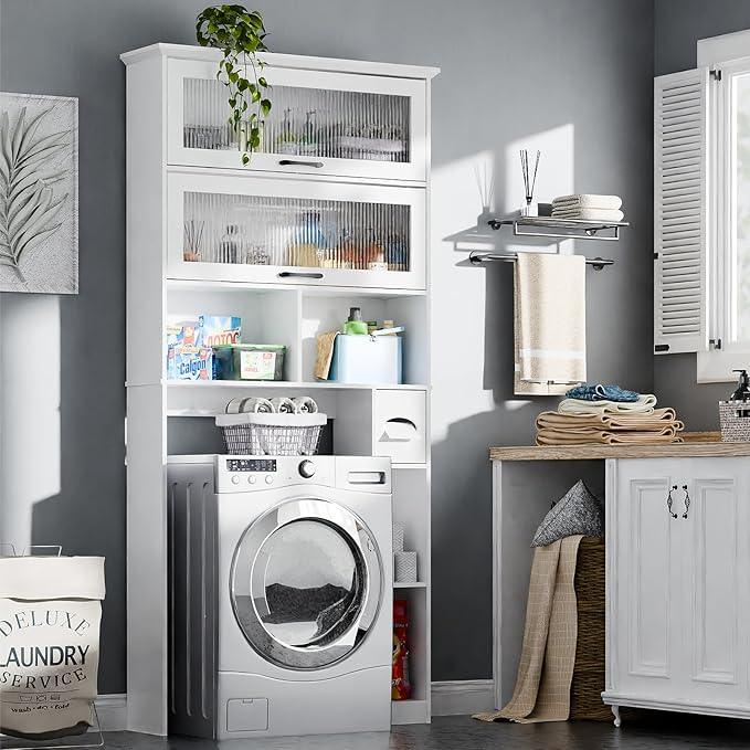 Vabches Over The Toilet Storage Cabinet with Transparent Door, Toilet Paper Storage Cabinet with Multi Layer Shelves Suitable for Bathroom, Laundry Room, Freestanding Bathroom Storage Rack, White - ModernBath