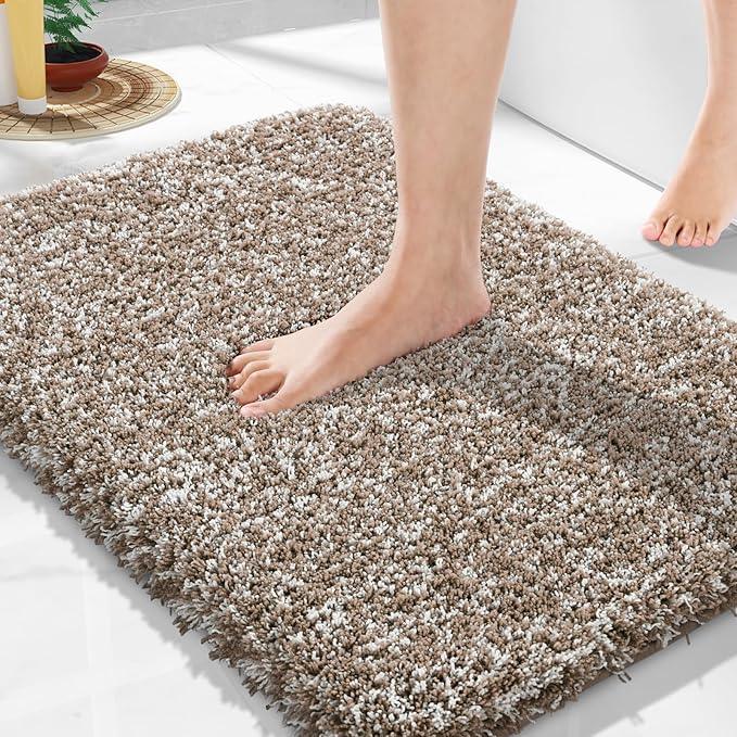 Yimobra Bathroom Rugs Non Slip Washable, Ultra Soft and Water Absorbent Bath Mats, Plush Fluffy Shower Mat Outside, Microfiber Thick Matts for Bathroom Floor/Sink, 24x17, Light Brown and White - ModernBath