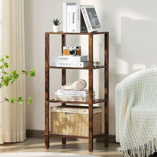 4 Tier Tall Wooden Bookshelf with Storage - Small Bookcase for Small Spaces, Shelf for Living Room, Office, Bedroom, Kitchen - Industrial Retro Brown Book Shelf - ModernBath