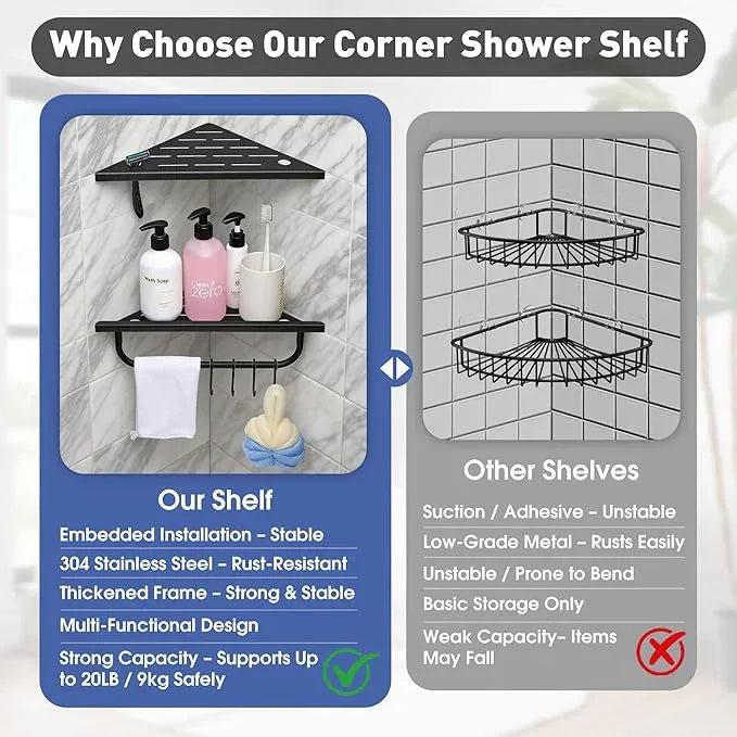 Corner Shower Shelf, 10'' Shower Corner Shelf with Towel Bar & Hooks, 304 Stainless Steel Recessed Bathroom Shelves, No Drilling for Tiled Wall, 2-Pack (Matte Black) - ModernBath