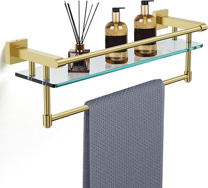 Bathroom Glass Shelf with Towel Rack Organizer Wall-Mounted Bathroom Storage SUS304 Stainless Steel Track Wall-Mounted Tempered Glass Stainless Steel Shelf (Brushed Gold, 20-inch) - ModernBath