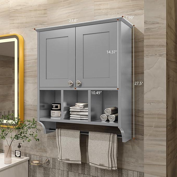 Medicine Cabinets, Bathroom Cabinet Wall Mounted 2-Door with 3 Open Shelves, Over The Toilet Storage Cabinet with Towels Bar for Toilet, Bathroom (Grey) - ModernBath