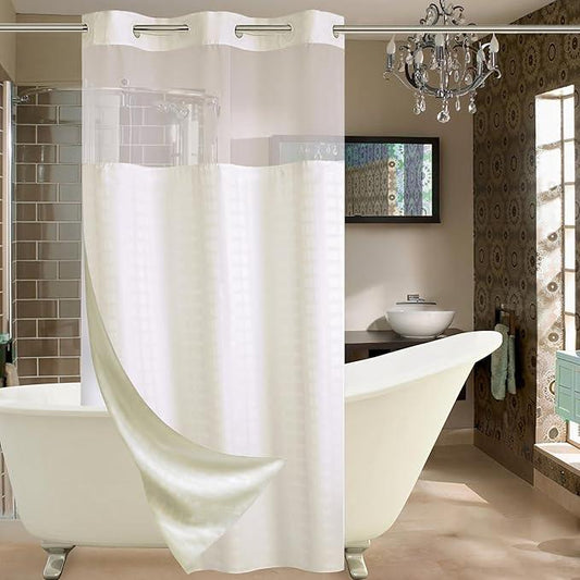 Conbo Mio Stall No Hook Shower Curtain with Snap in Liner Set, Hotel Luxury Beige Shower Curtains for Bathroom with See Through Top Window, Waterproof, Washable 36W x 74H - ModernBath