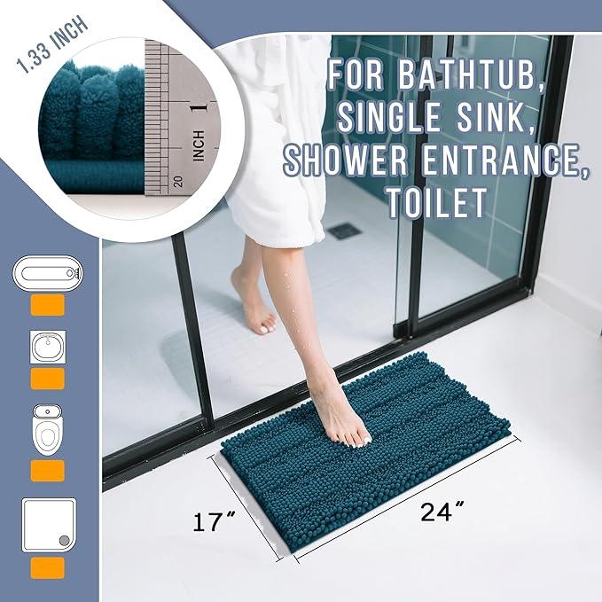 Yimobra Bathroom Rug Mat, Non Slip and Super Absorbent Bath Mat, Machine Washable Quick Dry, Ultra Plush Chenille Shower Rugs for Bathroom Floor Sink Tub and Shower Outside, Peacock Blue, 24 x 17 - ModernBath