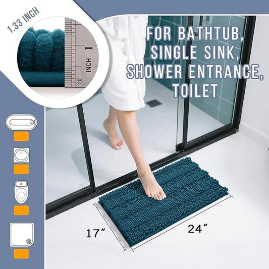 Yimobra Bathroom Rug Mat, Non Slip and Super Absorbent Bath Mat, Machine Washable Quick Dry, Ultra Plush Chenille Shower Rugs for Bathroom Floor Sink Tub and Shower Outside, Peacock Blue, 24 x 17 - ModernBath
