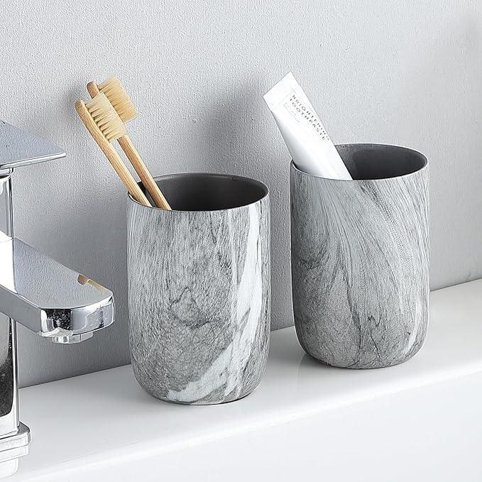 Marble Grey Toothbrush Holders for Bathrooms - 2 Cups Ceramic Toothbrush Toothpaste Holders, Grey Bathroom Tumbler Cups Reusable Toothbrush Mouthwash Cups, Bathroom Counter Organizer. - ModernBath