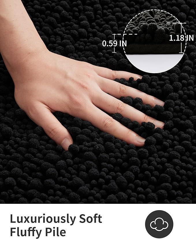 ILANGO Bathroom Rugs Black 24x17,Extra Soft Absorbent Chenille Bath Rugs,Thick Non-Slip Shaggy Bath Mat,Machine Washable Quick Dry Bath Mats for Bathroom Floor, Tub, Shower Accessories - ModernBath