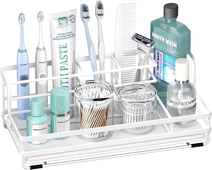HapiRm Toothbrush Holders for Bathroom - 5 Partitions Bathroom Counter Organizer with Instant Drying Stone, Stainless Steel Countertop Storage Electric Toothbrush Toothpaste Holder - White - ModernBath