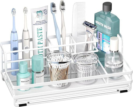 HapiRm Toothbrush Holders for Bathroom - 5 Partitions Bathroom Counter Organizer with Instant Drying Stone, Stainless Steel Countertop Storage Electric Toothbrush Toothpaste Holder - White - ModernBath