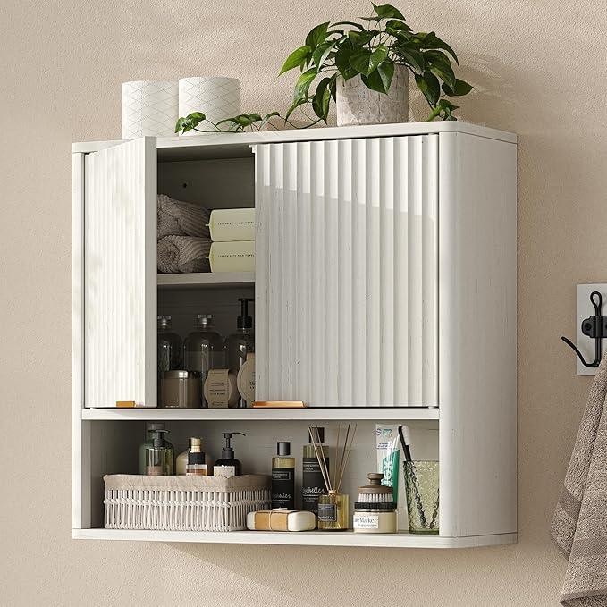 Furnideco Bathroom Medicine Cabinet with Fluted Doors, 3-Tier Modern Wall Cabinet Over Toilet, Small Hanging Storage Cabinet for Bathroom, Antique White - ModernBath