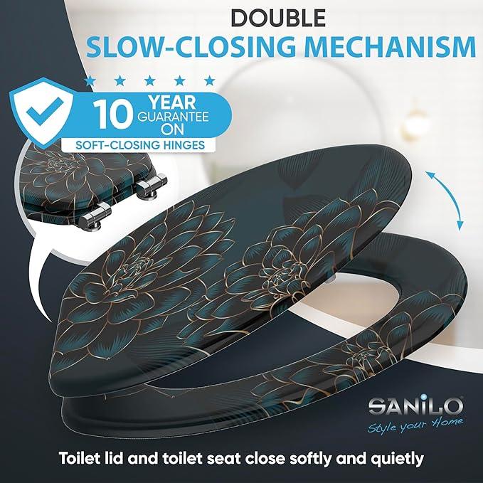SANILO Wooden Toilet Seat with Soft Close [ELONGATED] - Decorative, Quiet & Slow Close Molded Wood Seat - With Strong Bumpers & Hinges - Adjustable Fit - Dahlia - ModernBath
