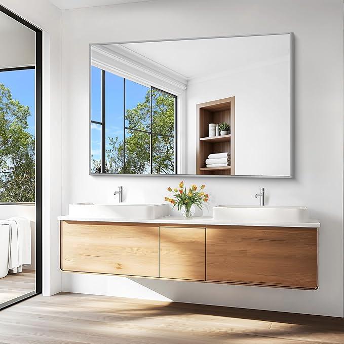 KOCUUY Silver Bathroom Mirror, 60"x40" Large Rectangle Bathroom Mirror for Wall, HD Tempered Glass, Anti-Rust Brushed Silver Frame, Modern Design for Bathroom, Bedroom, Hang Horizontal/Vertical - ModernBath
