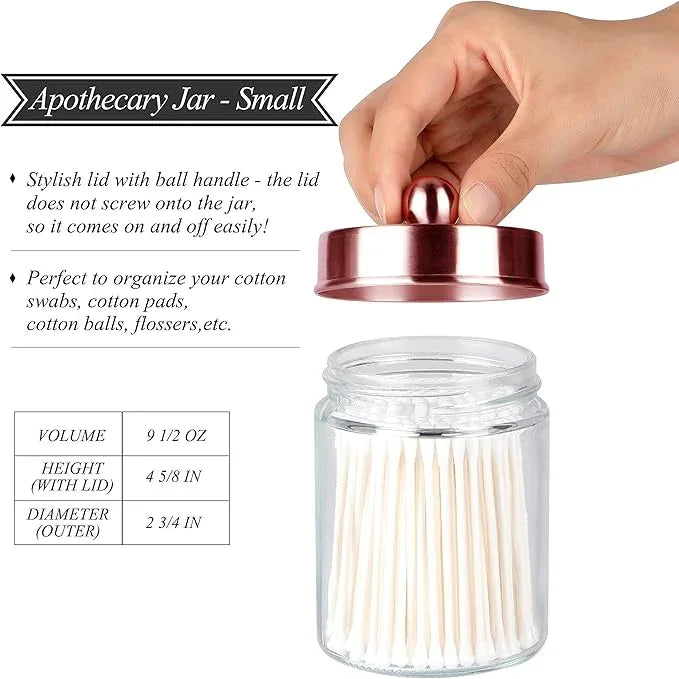 Apothecary Jars 3 Pack - Glass Bathroom Containers with Stainless Steel Lids - Rustic Farmhouse Decor Bathroom Accessories, Vanity Organizer Apothecary Jars for Qtip/Cotton Balls (Rose Gold) - ModernBath