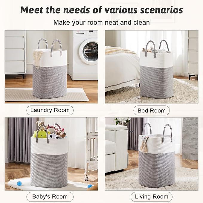 Laundry Basket,Woven Cotton Rope Laundry Hamper,Versatile Storage for Dirty Clothes,Baby Toys,and Blankets in Bathroom, Nursery,and Living Room (Grey, 60L) - ModernBath