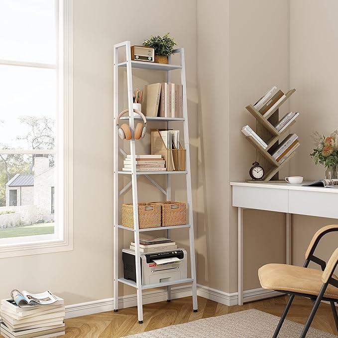 Hoctieon 5-Tier Industrial Ladder Bookshelf, Narrow Ladder Shelf, Tall Standing Bookshelf, Skinny Open Ladder Shelf, for Living Room, Home Office, Kitchen, Bedroom, Metal Frame, White - ModernBath