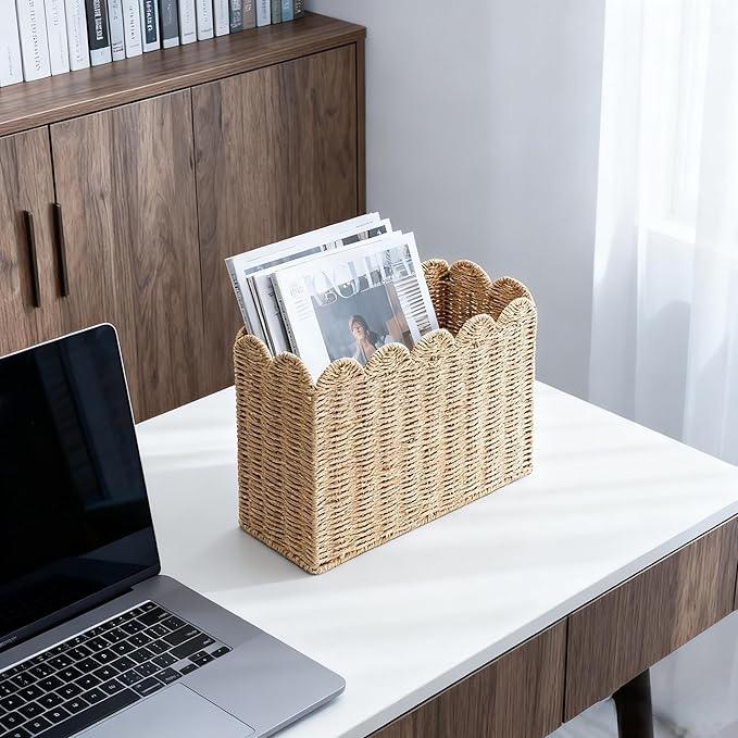 Handwoven Khaki Paper Rope Magazine Holder with Scalloped Edge –Toilet Paper Storage Basket Decorative Storage Basket for Magazines, Newspapers, Mail, Living Room, Bathroom & Office - ModernBath
