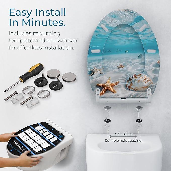 Sanilo Wooden Toilet Seat with Quick Release & Soft Close [ELONGATED] - Decorative & Slow Close Molded Wood Seat - With One Click for Easy Installation & Cleaning - With Adjustable Fit (Waterworld) - ModernBath