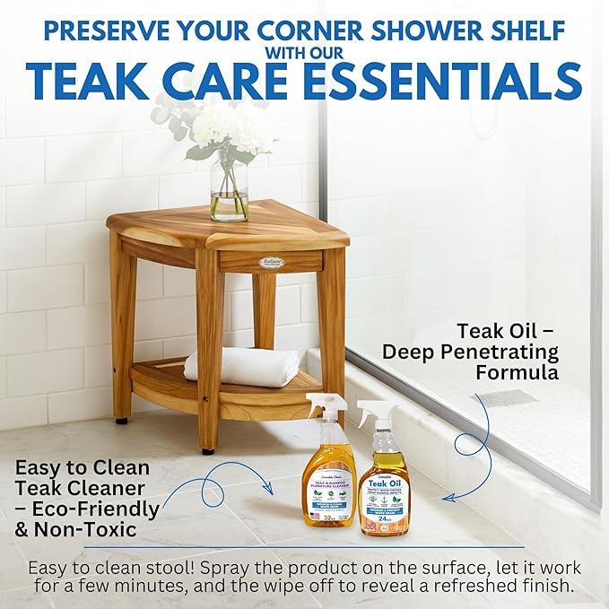 EcoDecors Fully Assembled SnazzyCorner® 18" Teak Shower Bench, Corner Shower Stool, w Shelf in Earthy Teak Finish, Compact Fit for Small Bathrooms & Walk-in Showers – Slip-Resistant Feet - ModernBath