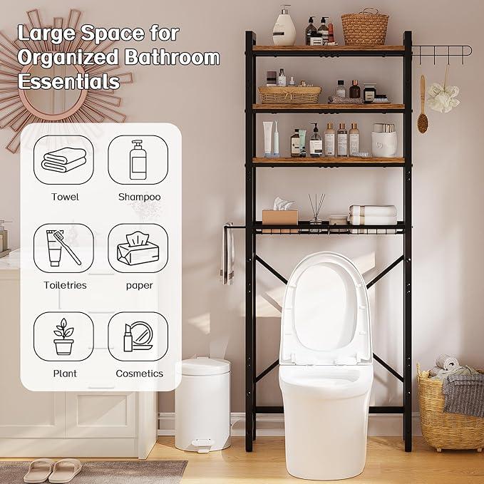 Over-The-Toilet Storage Rack, 4 Tier Bathroom Shelf Organizer Over Toilet with Adjustable Shelves, Basket, Hooks, Paper Holder, Quick Interlock Install & Water-Resistant Shelves (Vintage Brown) - ModernBath