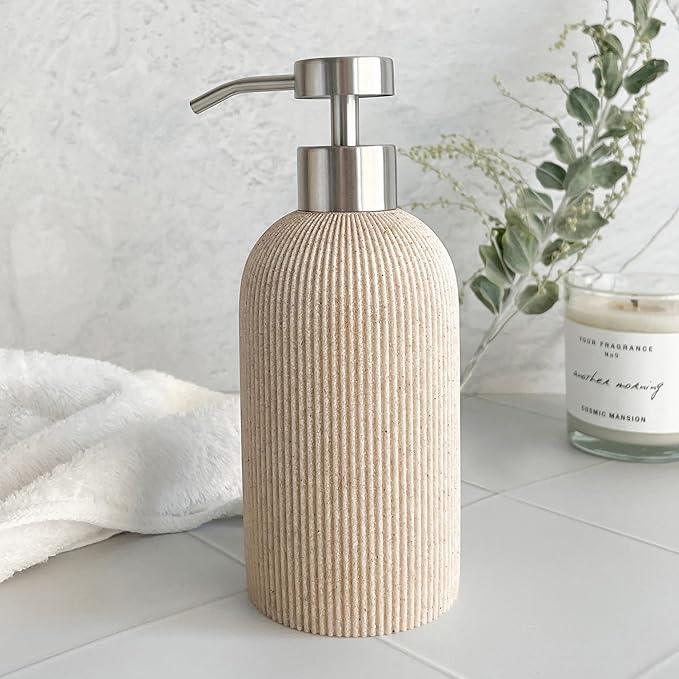 Lunestella Elegant Boho Beige Hand Soap Dispenser with Stainless Steel Pump, for Bathroom and Kitchen, Rust Proof, 7oz - ModernBath