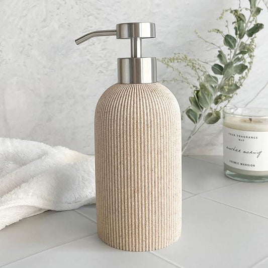 Lunestella Elegant Boho Beige Hand Soap Dispenser with Stainless Steel Pump, for Bathroom and Kitchen, Rust Proof, 7oz - ModernBath