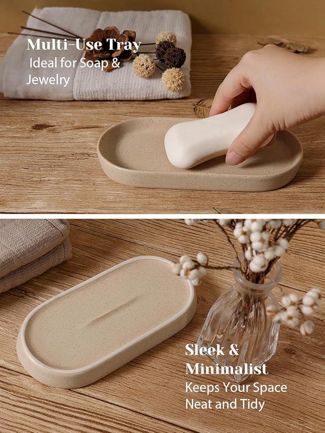 INGOFIN 3 Pcs Ceramic Bathroom Accessory Set - Liquid Soap Dispenser, Toothbrush Holder & Tray, Bathroom Counter Set, Countertop Essentials for Home, Guest Bathroom, or Office Use, Beige - ModernBath