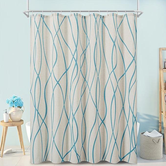 Blue Modern Farmhouse Linen Shower Curtain, Country Cottage Bathroom Decor Striped Minimal Boho Textured Linen Shower Curtain Set with Hooks, 72x72 - ModernBath