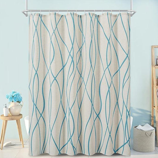 Blue Modern Farmhouse Linen Shower Curtain, Country Cottage Bathroom Decor Striped Minimal Boho Textured Linen Shower Curtain Set with Hooks, 72x72 - ModernBath