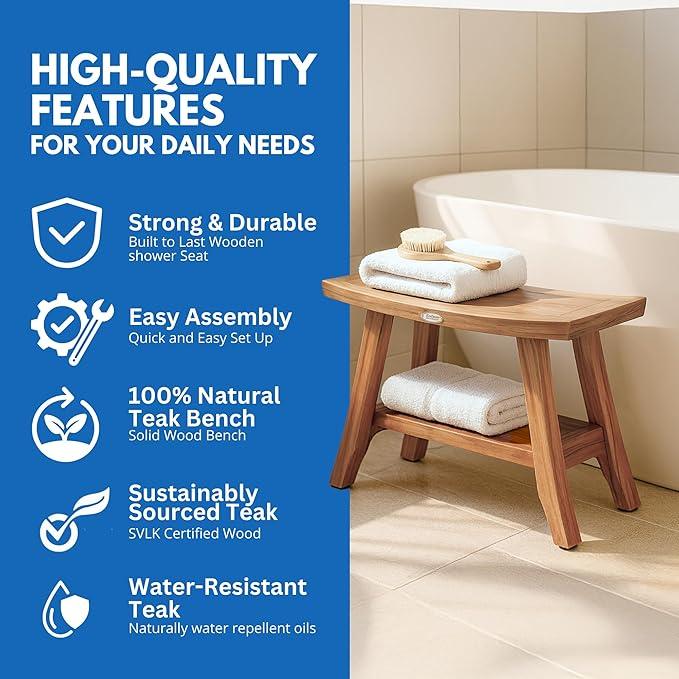 EcoDecors 28" Satori Teak Shower Bench –Bath Seat, Natural Wood Finish Water-Resistant Spa Bench | Slatted Design & Adjustable Feet for Indoor Outdoor Use | Sturdy & Safe - ModernBath