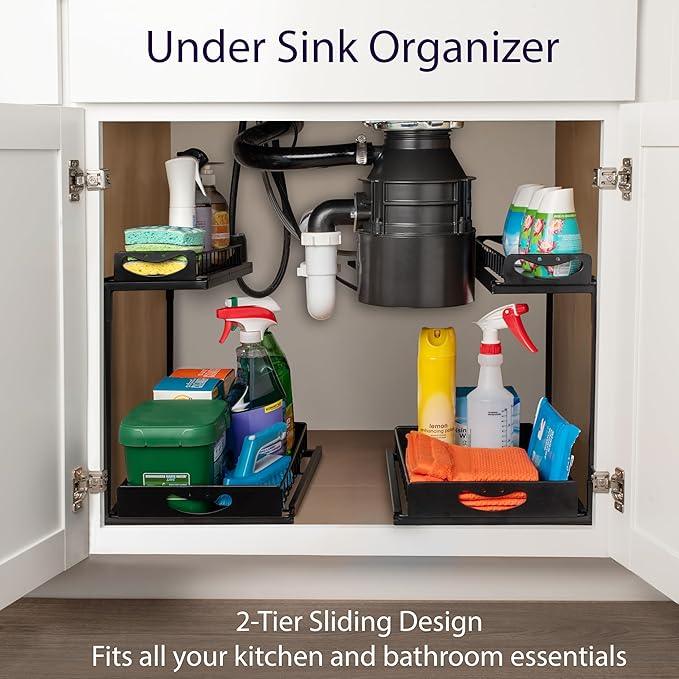 ClearSpace Under Sink Organizer, Pull Out Cabinet Organizer, 2 Pack - 2 Tier Slide Out Organizers and Storage Shelf - Metal Sliding Drawer for Kitchen Bathroom Pantry Cabinet Organization Rack, Black - ModernBath