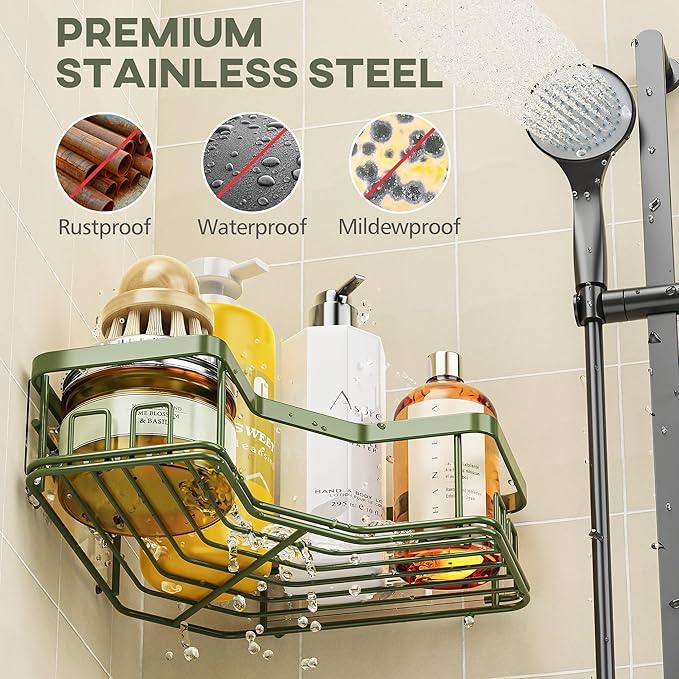MAXIFFE 3 Pack X-Large Corner Shower Caddy with Soap Holder, Large Capacity Easy Install No Drilling Stainless Steel Hold 40 LB Shower Organizer Shelves Rack for Family Renters Bathroom, Forest Green - ModernBath