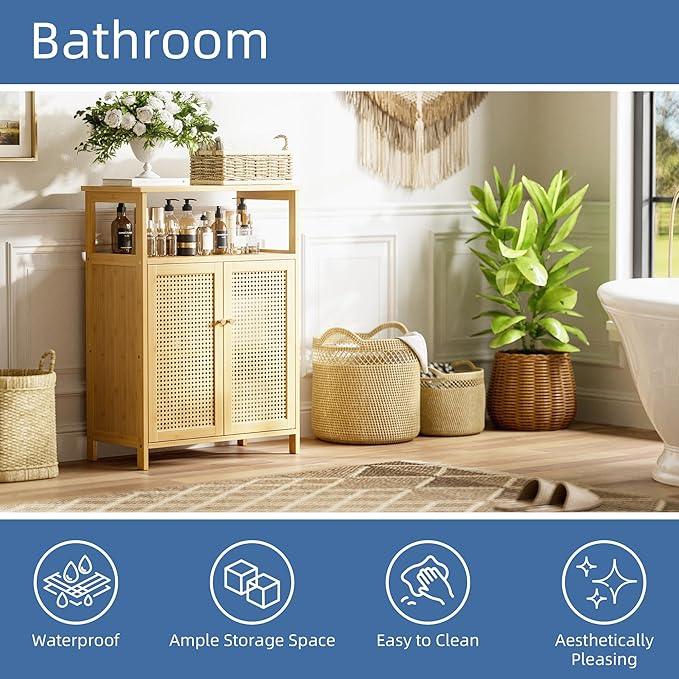 HITNET Rattan Bathroom Storage Cabinet, Bamboo Floor Cupboard with 2 Doors, Freestanding Side Organizer for Living Room, Kitchen, Entryway, Natural - ModernBath