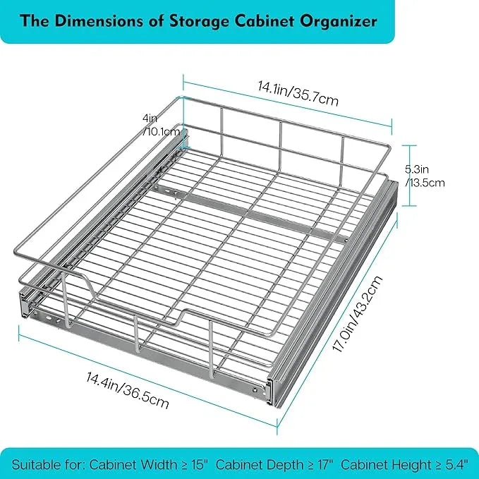 Pull Out Cabinet Organizer 14" W X 17" D, Slide Out Drawers For Kitchen Organizers and Storage, Pull Out Drawers For Cabinets Capacity Heavy Duty Caddy, Cabinet Shelves Chrome-Plated, Bathroom Pantry - ModernBath