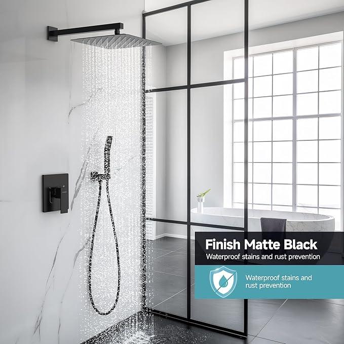 SR SUN RISE Shower Faucet Set & System - 12 Inch Rainfall Shower Head & Handle Set Wall Mounted Matte Black Solid Brass Valve Trim Kit Included - ModernBath