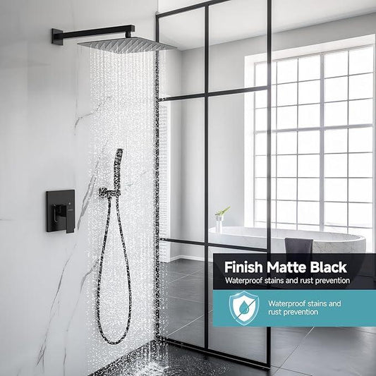 SR SUN RISE Shower Faucet Set & System - 12 Inch Rainfall Shower Head & Handle Set Wall Mounted Matte Black Solid Brass Valve Trim Kit Included - ModernBath
