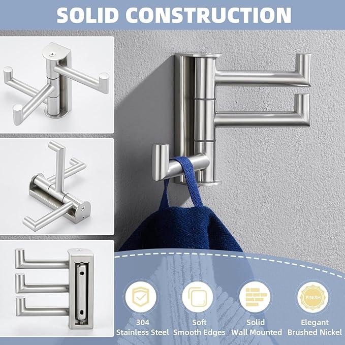 APLusee Swivel Towel Hook for Bathroom Wall Mounted, 304 Stainless Steel 3 Arms Clothes Hook, Flexible Bathroom Kitchen Wall Towel Hanger, Brushed Nickel - ModernBath
