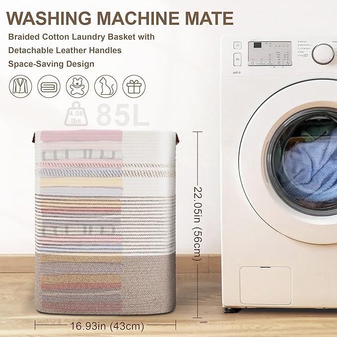 85L Tall Laundry Hamper with Handles for Living Room Storage, Extra Large Woven Rope Baskets Bin for Blanket, Kids Toy, Gifts, Wicker Hamper for Bedroom Dirty Clothes, 17"x14"x22" White Brown - ModernBath