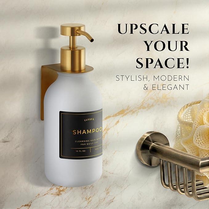 Shampoo & Conditioner Dispenser - Shower Soap Dispenser Wall Mounted - 16.9 Oz Plastic Bottle with Pump & Holder - Shampoo Dispenser - Shower Dispenser Chamber No Drill (1 X White/Gold) - ModernBath