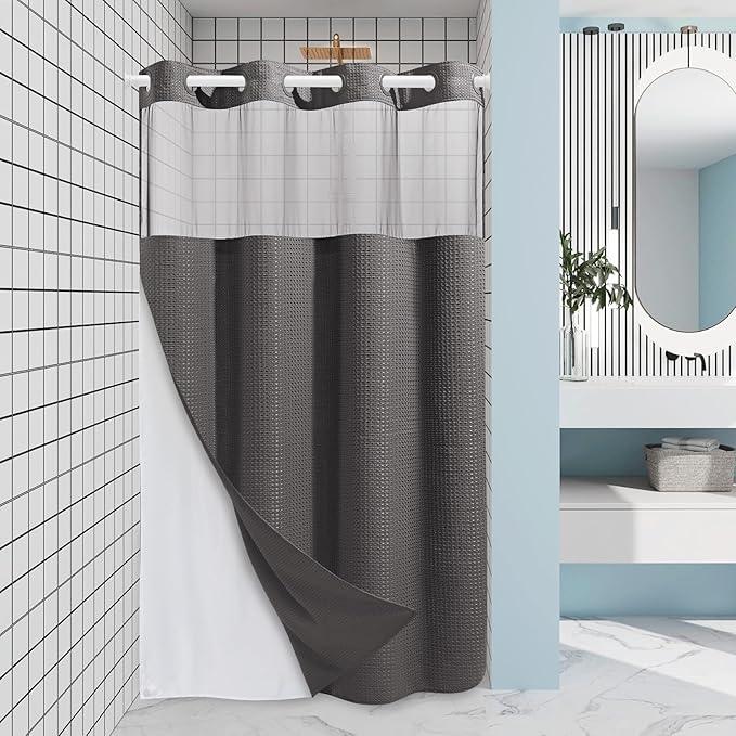 EUTXL Charcoal Grey Stall No Hook Shower Curtain with Snap in Liner,230GSM Waffle Weave Shower Curtains for Bathroom,54W x 80H - ModernBath