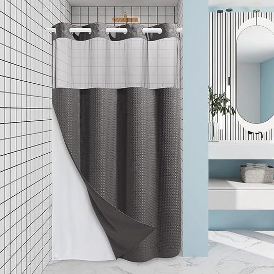 EUTXL Charcoal Grey Stall No Hook Shower Curtain with Snap in Liner,230GSM Waffle Weave Shower Curtains for Bathroom,54W x 80H - ModernBath