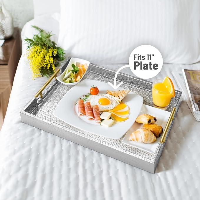 ATZYmolin 17" x 12" Wood Serving Tray with Gold Polished Metal Handles, Home Decorative Wooden Rectangle Ottoman Leather Decor Platter Bathroom Vanity Tray for All Occasions Alligator Silvery - ModernBath