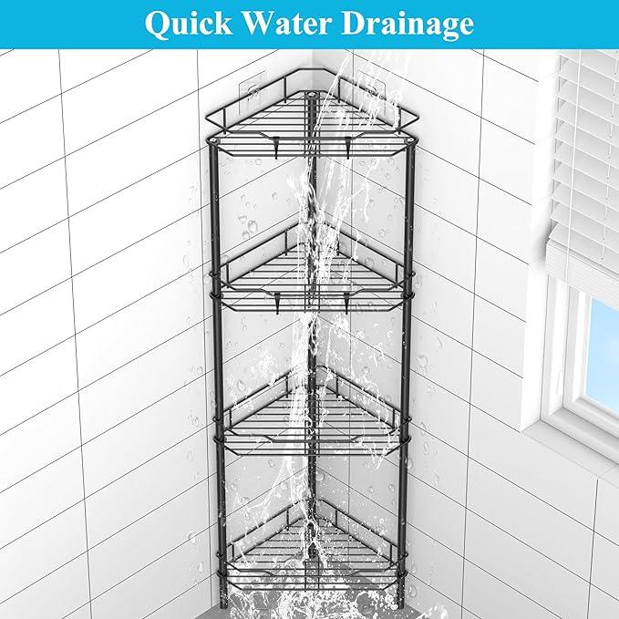 4 Tier Floor Standing Corner Shower Caddy Organizer Shelf with Hooks, Bathroom Shelves Stand Rack, Matt Black - ModernBath