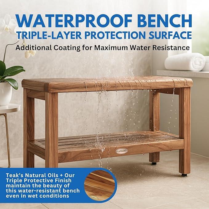 EcoDecors Teak Shower Bench with Large Storage Shelf 36", 300 lb Capacity – Waterproof Bathroom Seat with Non-Slip Feet, Elegant Natural Teak Finish, Ideal for Adults, Seniors, & Spa-Style Bathrooms - ModernBath